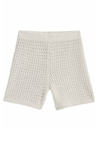 Light gray shorts made of textured, knitted material with a loose fit. Features an elastic waistband and an open weave design.