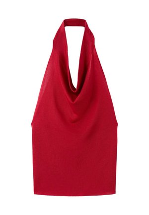 Rotes, gestricktes ärmelloses Oberteil mit tiefem, drapiertem Ausschnitt und Neckholder-Rücken.