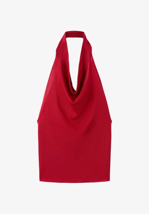 Rotes, gestricktes ärmelloses Oberteil mit tiefem, drapiertem Ausschnitt und Neckholder-Rücken.