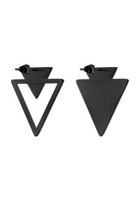 Schwarze Ohrringe mit geometrischem Design, ausgestattet mit gebürsteten Metalloberflächen in dreieckiger Form, einem Ausschnitt und Steckverschluss.