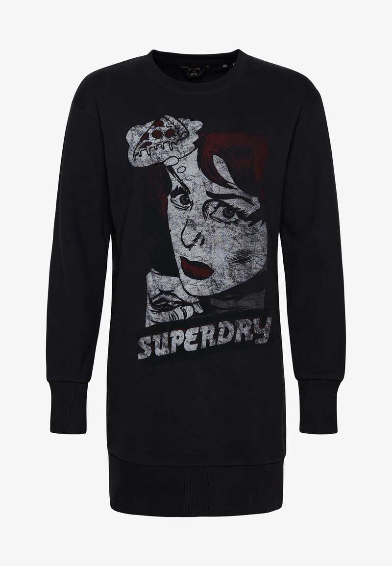 Sweat-shirt noir à manches longues avec un graphique représentant le visage d'une femme, des cheveux rouges, une tranche de pizza sur la tête, et le texte "Superdry" en dessous.