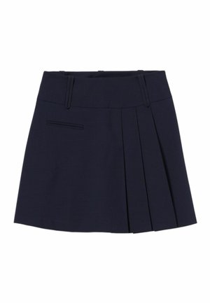 Minigonna blu navy scuro con vita alta, passanti per cintura, una piccola tasca laterale e dettagli plissettati su un lato.