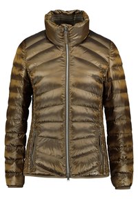 Brun vadderad jacka med hög krage, horisontella och chevron-quiltade mönster. Har en främre dragkedja och sidofickor. Slätt, blanka tyg.