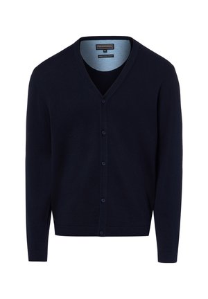 Herren dunkelblauer Cardigan mit Knöpfen, langen Ärmeln und V-Ausschnitt, aus feinem Strickstoff gefertigt.