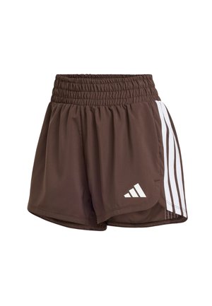 Brown athletic shorts with an elastic waistband, featuring white side stripes and a white logo on the front. Smooth, lightweight material.
