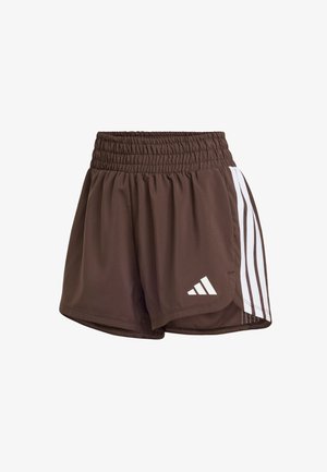 Brown athletic shorts with an elastic waistband, featuring white side stripes and a white logo on the front. Smooth, lightweight material.