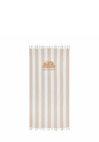Asciugamano rigato in cotone beige e bianco, con frange lungo i bordi e un logo centrale. Forma rettangolare, texture morbida.