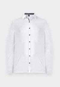 Camicia bianca a maniche lunghe con vestibilità slim, dotata di chiusura a bottoni frontale, bottoni neri e un profilo nero a contrasto sul colletto.