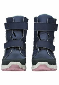 Botas de invierno de tela navy con correas de Velcro ajustables, forro acolchado y suela de goma con surcos de tracción, diseñadas para aislamiento y comodidad.