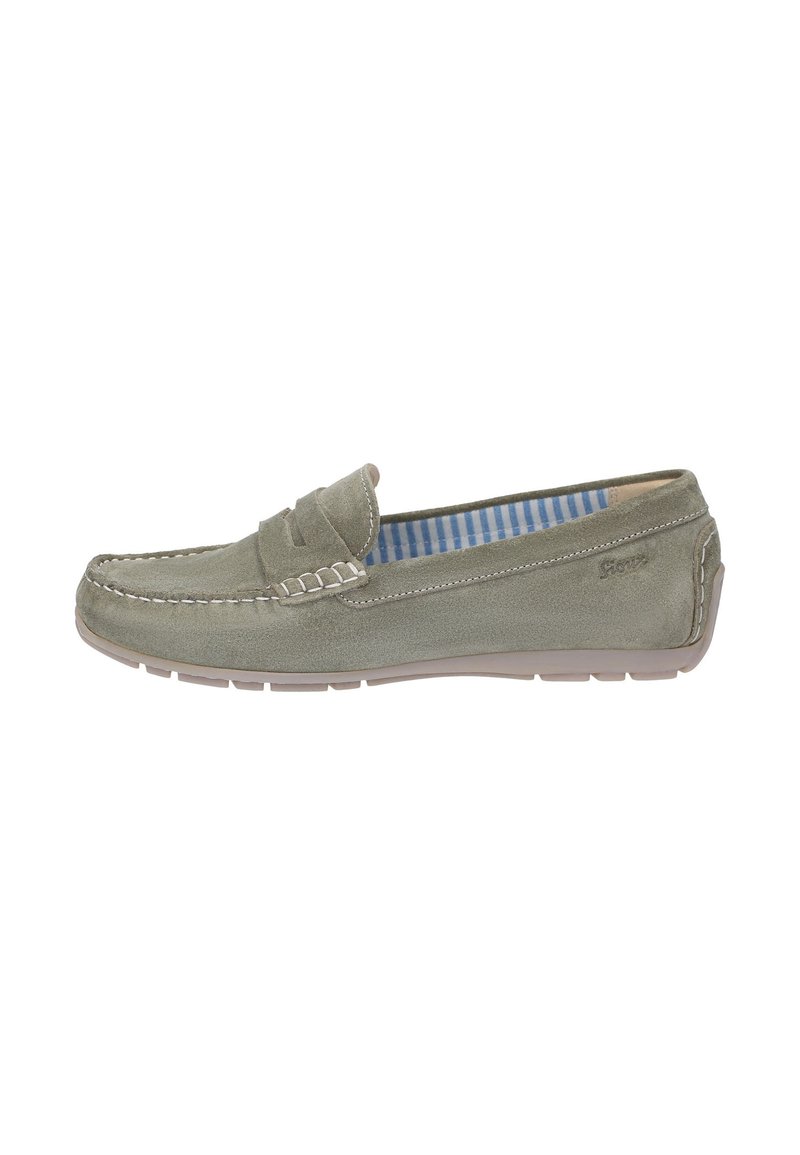 Hellgrüne Wildlederl loafers mit weißen Nähten und einem Quastenakzent; gefüttert mit blau-weiß gestreiftem Stoff; Gummisohle.