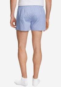 Boxers rayés bleu clair avec une ceinture élastique, fabriqués en tissu lisse. Le short est de coupe décontractée et atteint la mi-cuisse.