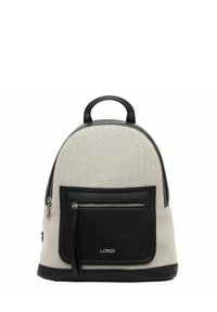 Zaino grigio chiaro con dettagli in pelle nera, forma arrotondata, manico superiore e tasca anteriore con zip. Superficie in tessuto testurizzato.