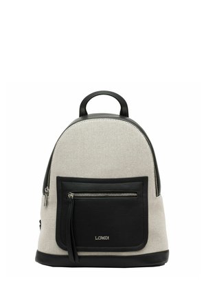 Light gray backpack with black leather accents, rounded shape, a top handle, and a zippered front pocket. Textured fabric surface.