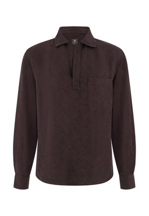 Ciemnobrązowa koszula z długim rękawem, kołnierzykiem, ukrytym listwowym zapięciem na guziki, kieszenią na piersi oraz prostym dołem.