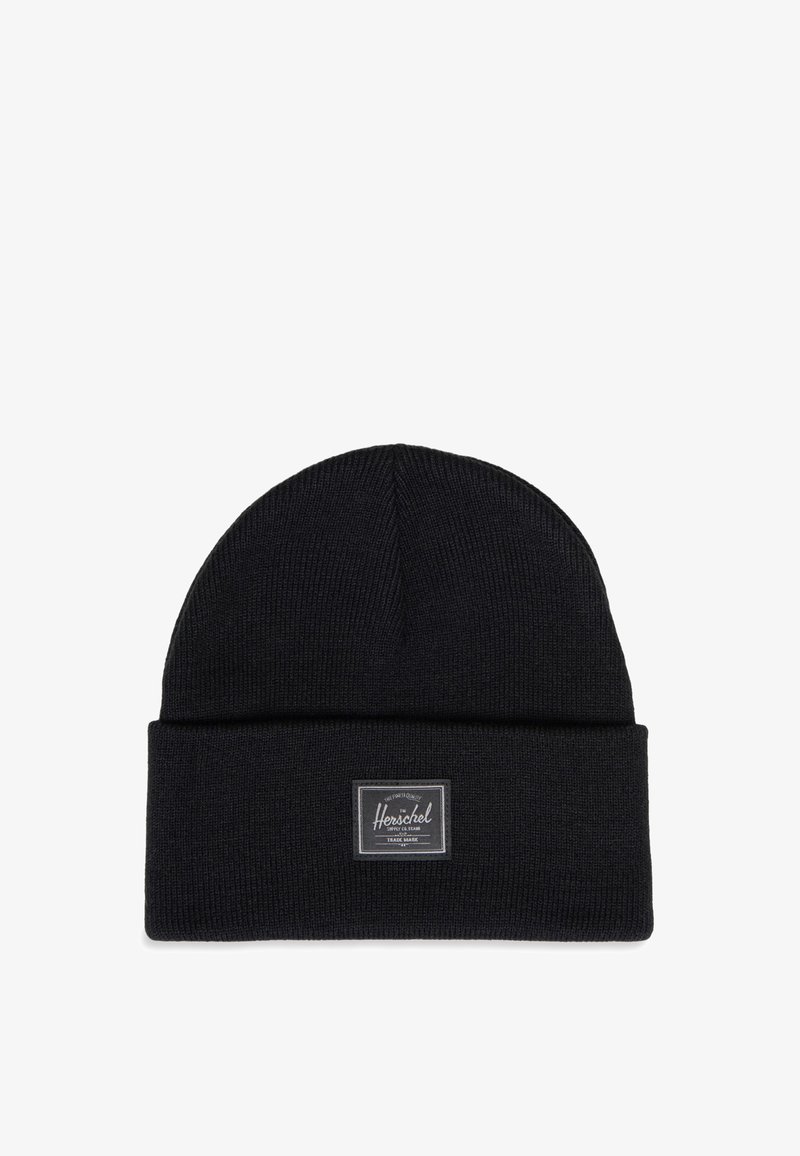 Czarna dziana czapka beanie z podwiniętym ściągaczem, z małą prostokątną etykietą marki Herschel na środku przodu.