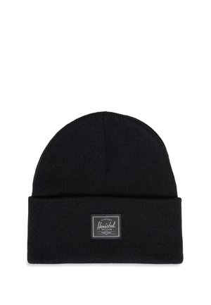 Black knit beanie with folded cuff featuring a small rectangular Herschel brand label on the front center.