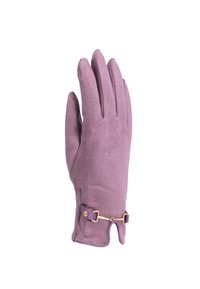 Guanto in suede viola con vestibilità slim, dita allungate e un accento decorativo di fibbia dorata sul polso. Texture liscia e design slanciato.