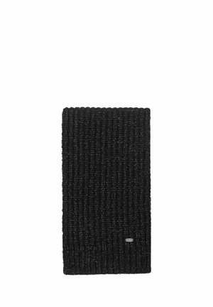 Schwarze gestrickte Mütze aus strukturiertem Garn, mit einem Rippenmuster und einem kleinen metallischen Logo-Detail an der Seite.