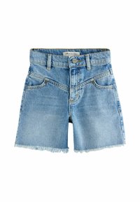 Denim kratke hlače v svetlo modri barvi z razfrkanim robom. Imajo pet žepov, zanke za pas in kovinski gumb za zapiranje. Gladka tekstura.