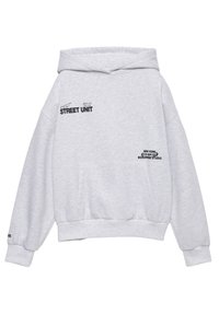 Šedá mikina s kapucňou a predným vreckom, na prednej strane a rukávoch s čiernym potlačeným textom "STREET UNIT" a ďalšími malými grafikami.