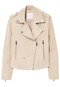 Giacca biker in suede beige con zip frontale asimmetrica, bottoni a pressione argento, tasche con zip e spalline.