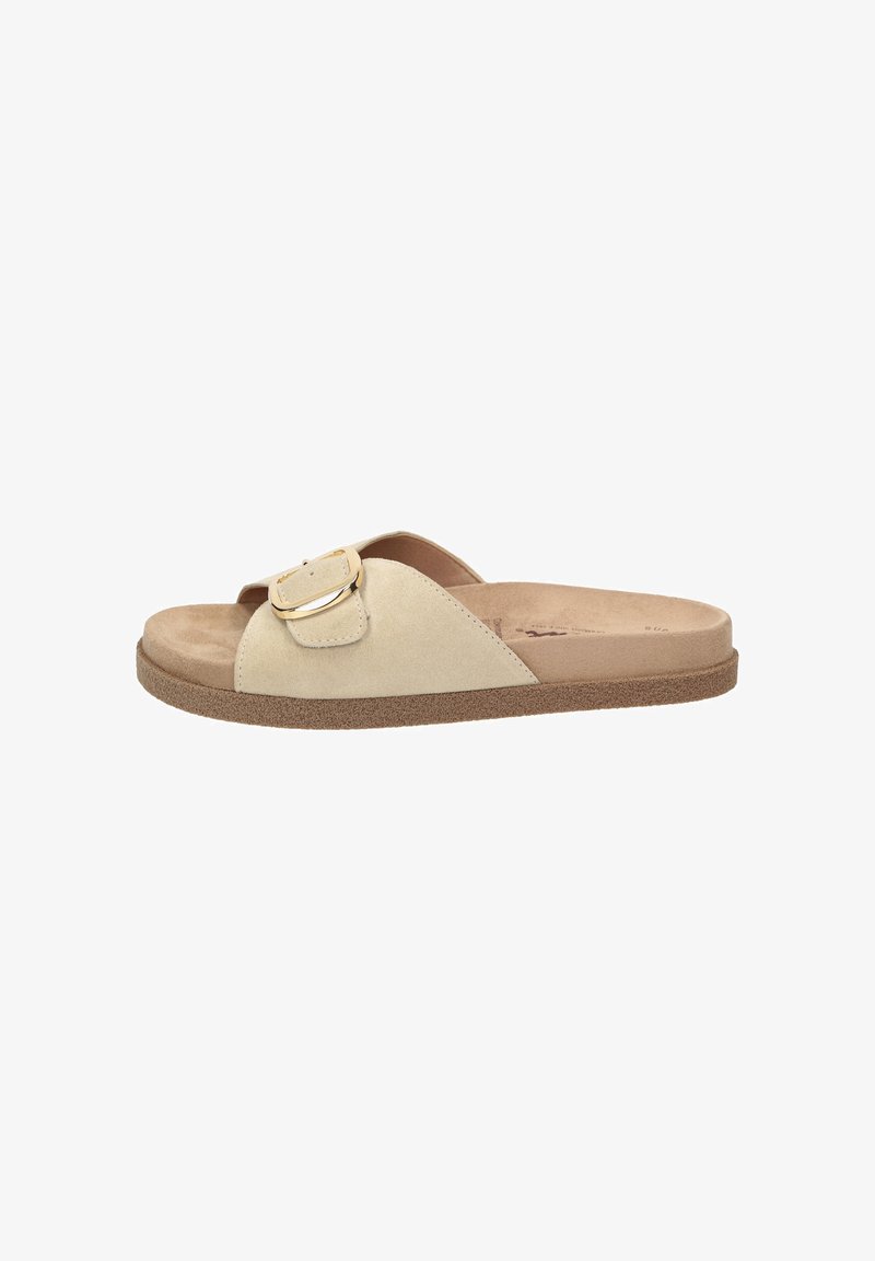 Beige Slipper-Sandale mit gepolsterter Sohle und breitem Riemen mit verstellbarer goldener Schnalle, für den Freizeitgebrauch gestaltet.