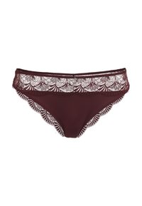 Burgundy lace brief featuring floral design along the waistline, smooth fabric with scalloped edges and a small decorative charm in the center.