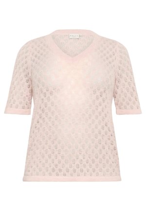 Light pink knitted sweater with a V-neck, short sleeves, and a textured pattern featuring openwork designs. Soft and breathable material.