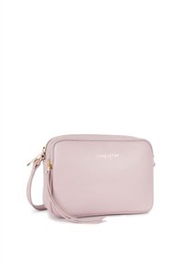 Leren crossbody tas in zacht pastelroze met een textuurafwerking, gouden hardware, ritssluiting en verstelbare schouderband.