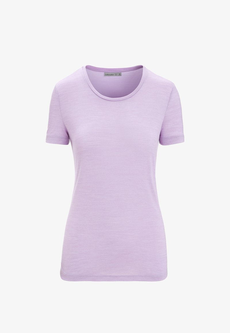 Fioletowy t-shirt z krótkim rękawem wykonany z miękkiego materiału, posiadający okrągły dekolt i gładką, lekką teksturę. Bez wzorów i ozdób.