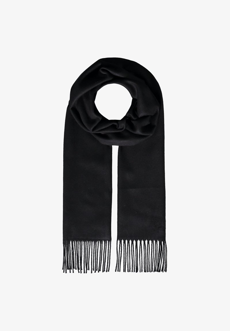 Sort halsedisse lavet af blødt materiale, med en glat overflade og frynset afslutning. Den er hængt i en sløjfe for visning.