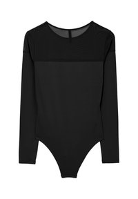 Body nero a maniche lunghe, con un pannello superiore in rete e una parte inferiore solida, caratterizzato da un taglio alto sulla gamba e una chiusura sul retro.