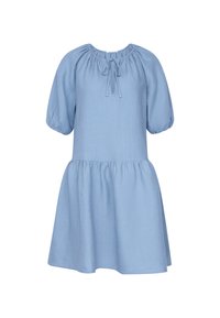 Robe bleu clair longueur genou avec manches courtes bouffantes et encolure ronde avec un détail de nouage à l'avant.