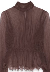 Blusa marrone plissettata con collo alto, maniche lunghe e orlo arricciato. Tessuto trasparente con finitura testurizzata e dettaglio a occhiello al collo.