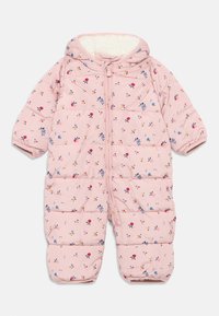 Combinaison de neige rose rembourrée avec un motif floral, fermeture éclair sur toute la longueur à l'avant et capuche. Doublure douce et poignets élastiques qui améliorent la chaleur et le confort.