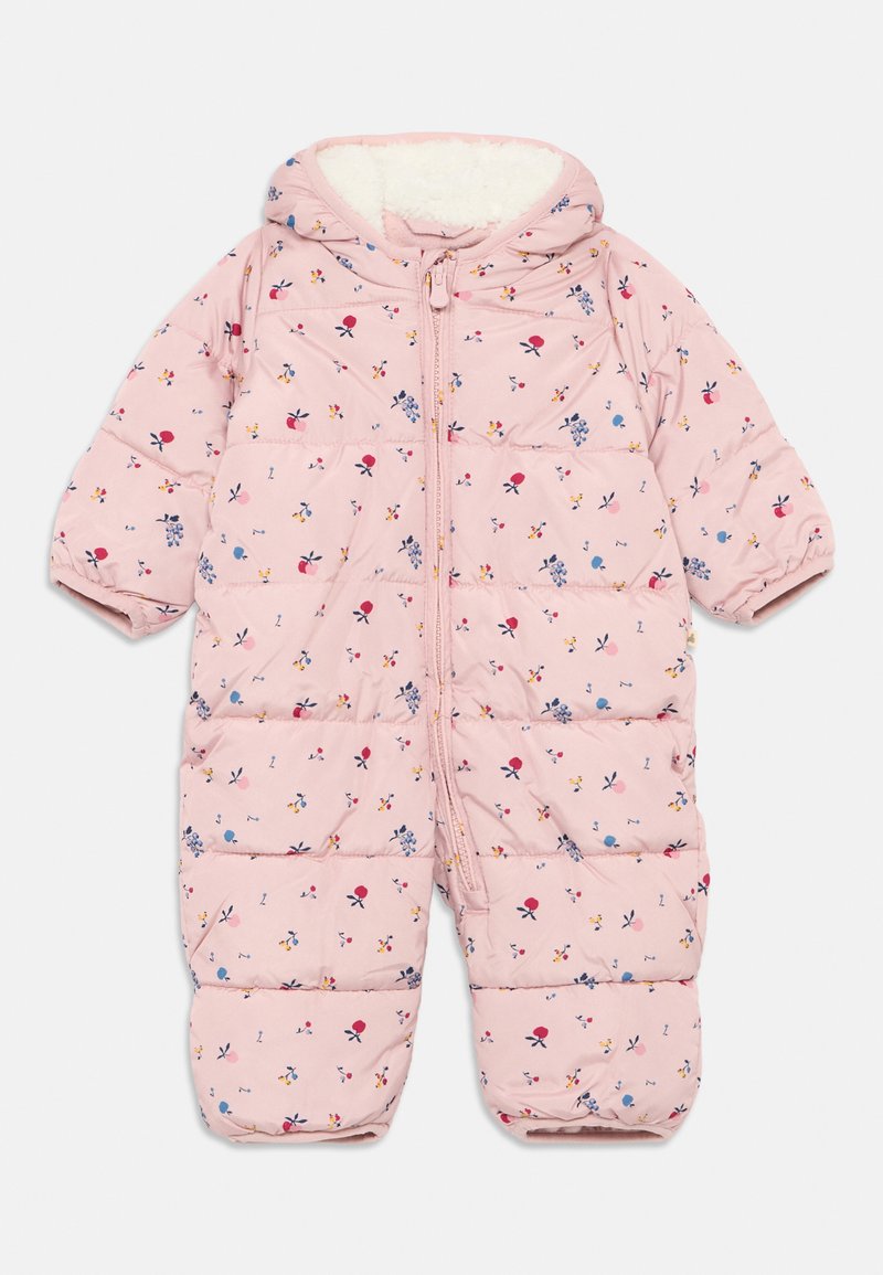 Combinaison de neige rose rembourrée avec un motif floral, fermeture éclair sur toute la longueur à l'avant et capuche. Doublure douce et poignets élastiques qui améliorent la chaleur et le confort.