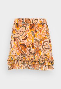 Saia com padrão floral em laranja, rosa e castanho, com uma bainha frisada. Feita de um tecido leve, com um cós elástico.