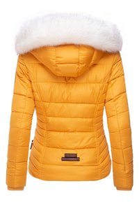 Gul oppustelig jakke med en hvid faux fur hætte. Har quiltet tekstur, lynlås lukning og mærkat nær kanten.