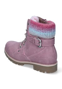 Rosa Leder-Ankle-Boot mit strukturiertem Strickschaft in Farbverläufen von Pink und Blau, mit einer seitlichen Schnalle und robustem Gummisohle.