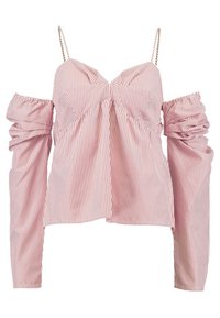 Raidallinen off-shoulder-paita, jossa on kerätty vartalo-osio, pitkät pussihihat ja ohuet hihnat. Valmistettu kevyestä kangasta punaisen ja valkoisen sävyissä.