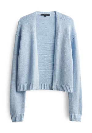 Helle blaue gestrickte Strickjacke mit offenem Vorderteil, langen Ärmeln und gerippten Bündchen und Saum. Strukturierter Stoff mit lässigem, verkürztem Schnitt.