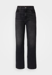 Black denim jeans with a high waist, straight leg, five pockets, and subtle fading. Features a button closure and belt loops.