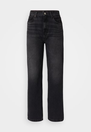 Jeans negre din denim cu talie înaltă, croi drept, cinci buzunare și ușoară decolorare. Se închid cu un buton și au passante pentru curea.