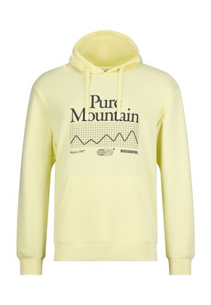 Sweat à capuche jaune clair avec poche avant, texte "Pure Mountain", un motif graphique de montagne, et logo de la marque "Rossignol" sur la poitrine.