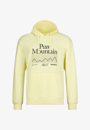 Sweat à capuche jaune clair avec poche avant, texte "Pure Mountain", un motif graphique de montagne, et logo de la marque "Rossignol" sur la poitrine.