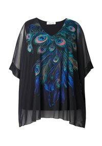 Schwarzes, durchsichtiges Poncho mit einem weiten V-Ausschnitt und kurzen Ärmeln, verziert mit buntem Pfauenfeder-Stickerei in Blau, Grün und Pink.