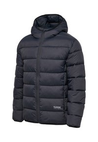 Zwarte donsjas met capuchon, ritssluiting en doorgestikt design. Voorzien van een logo op de voorzoom en een gladde, glanzende textuur.