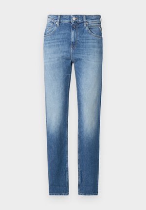 Hellblaue Denim-Jeans mit geradem Schnitt, verwaschenem Look, fünf Taschen und einem Knopfverschluss an der Taille. Auffälliges Steppdetail.
