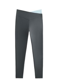 Colanți cu talie înaltă în culoare gri închis și albastru deschis, realizați dintr-un material elastic cu o textură netedă și o construcție fără cusături.