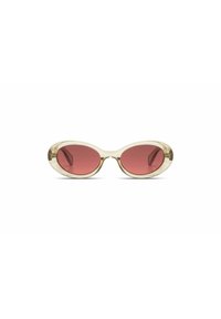 Lunettes de soleil ovales avec une monture transparente beige clair et des verres dégradés rouges. Design minimaliste avec des bords lisses et sans matériel visible.